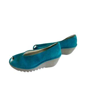 London Fly Yuri Wedge Shoes Peep Toe Closed Backs 2" Height Teal Suede sz 39